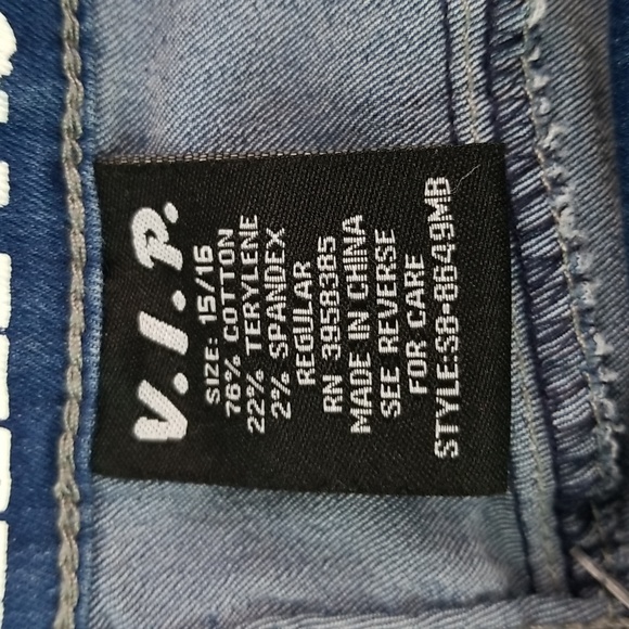 Size 15/16 V.I.P. Jeans Distressed Blue Removable Strap UNISEX Overalls - Picture 13 of 15